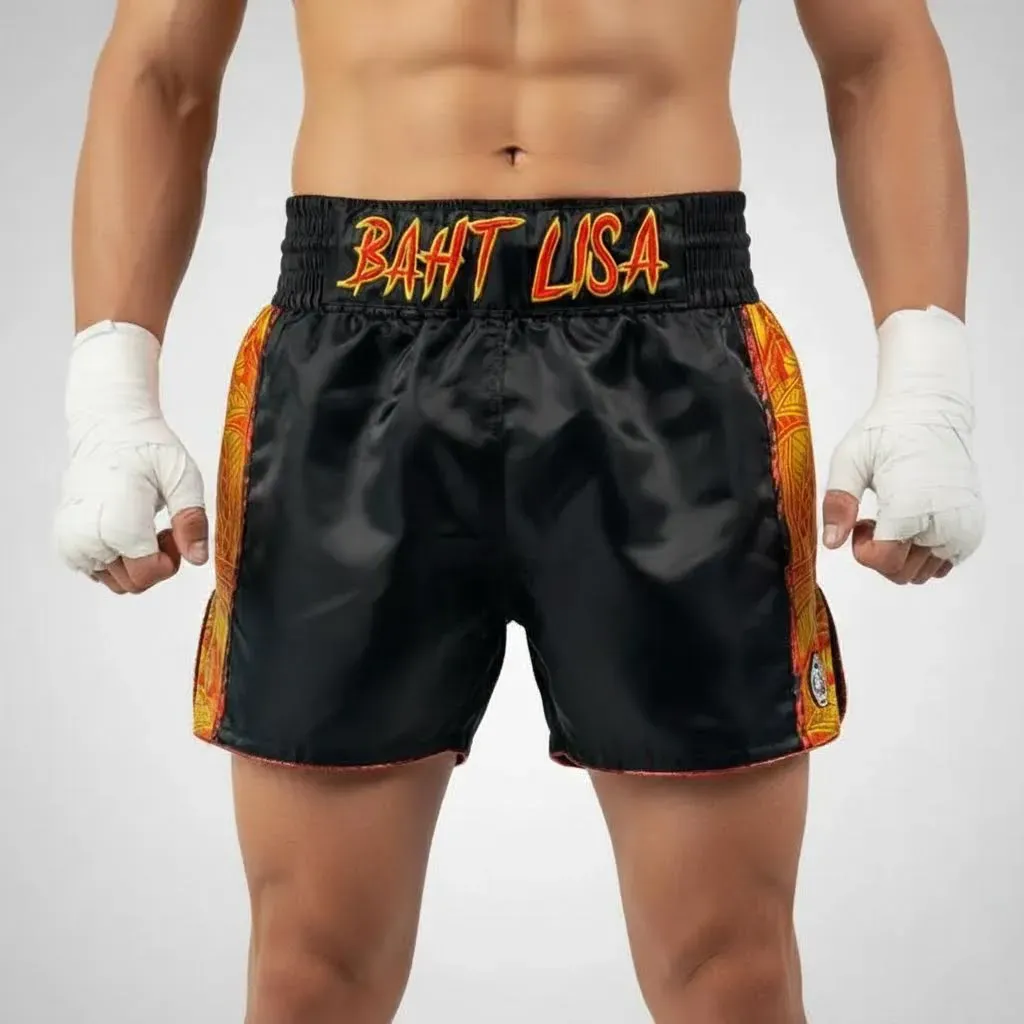 Tribal Muay Thai shorts with Hawaiian-style sublimated side panels and a customisable main body in any fabric, with full colour and logo options.
